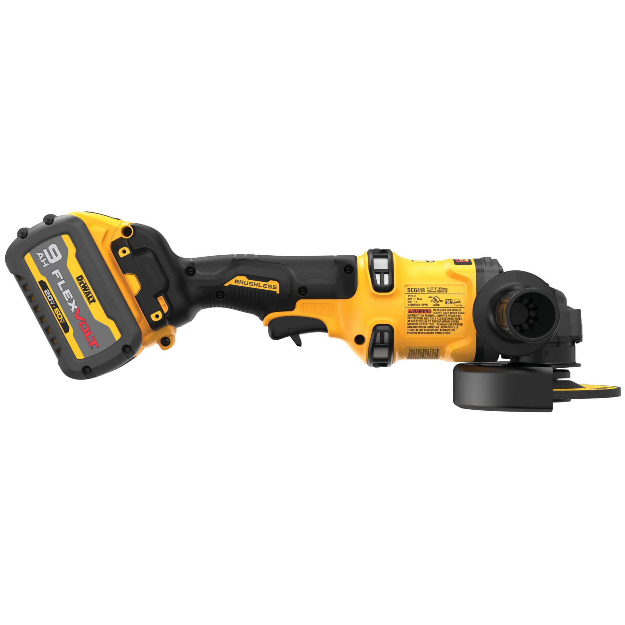 DEWALT DCG418 60V MAX brushless 4-1/2"–6" cordless angle grinder, right side profile view with FLEXVOLT 9Ah battery installed and grinding guard attached, isolated on white background.