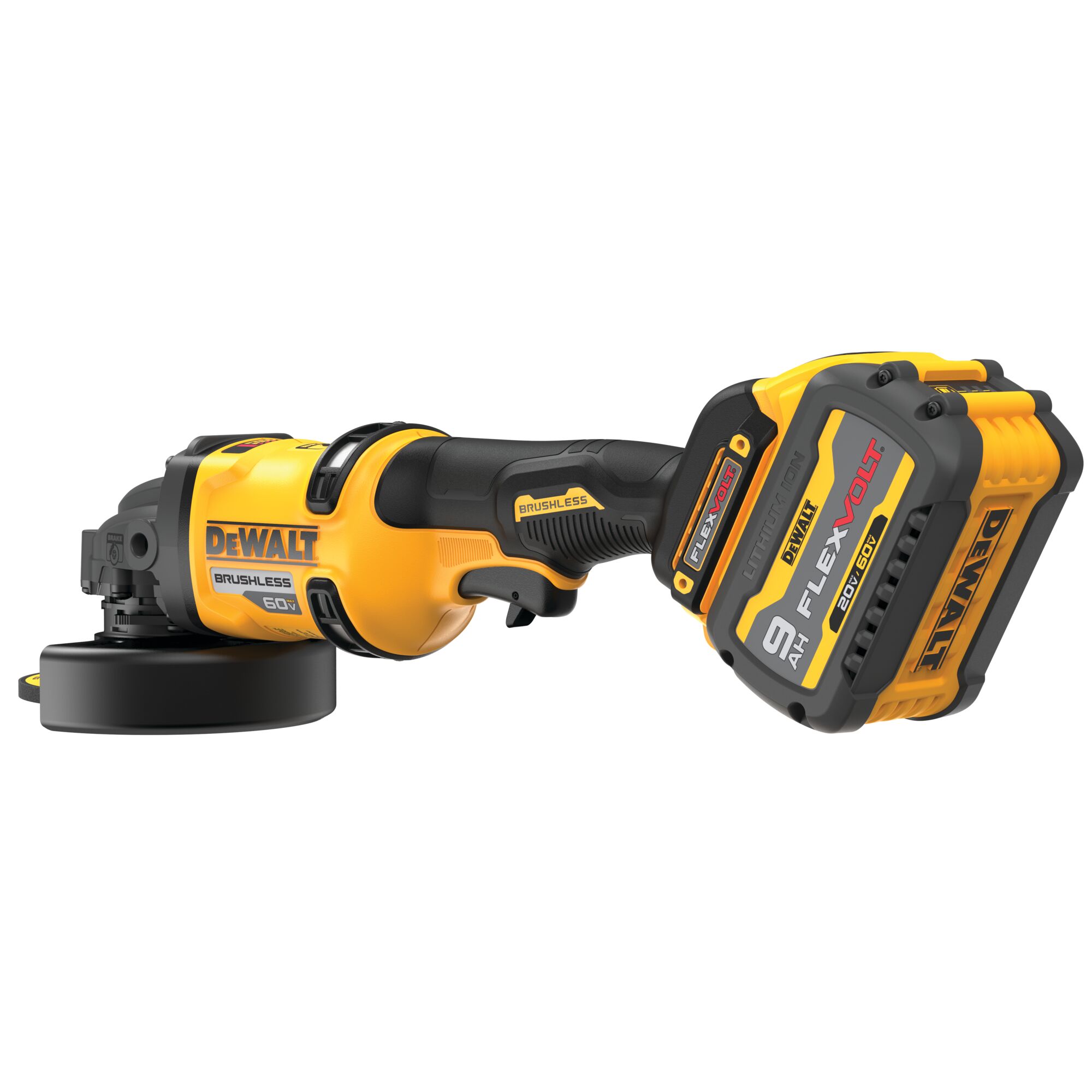 DEWALT DCG418 60V MAX brushless 4-1/2"–6" cordless angle grinder, rear left angle view showing FLEXVOLT 9Ah battery and rear housing, isolated on white background.
