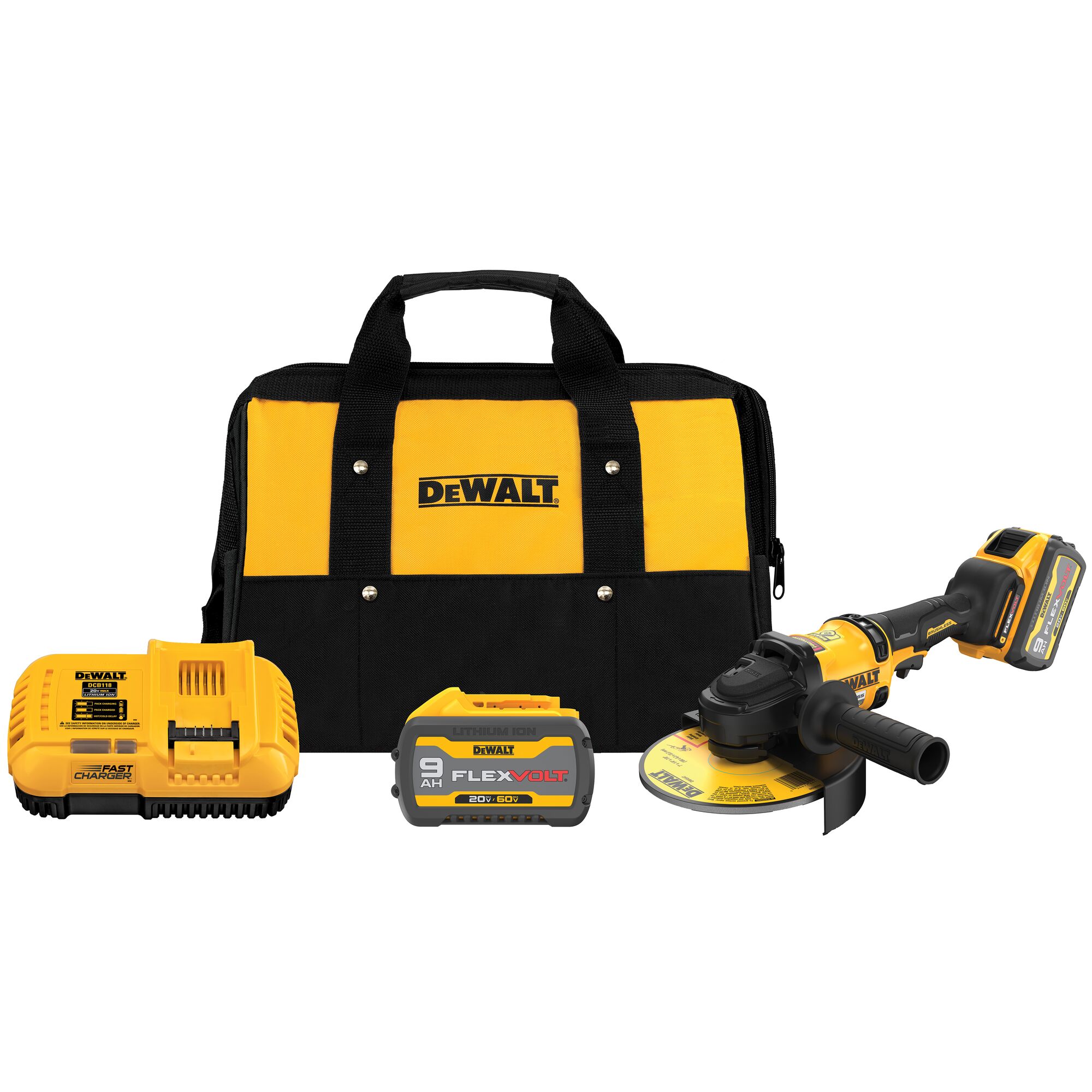 DEWALT DCG440X2 60V MAX 7 inch cordless grinder kit with 9.0Ah FLEXVOLT battery installed, extra 9.0Ah battery, DCB118 fast charger, 7 inch grinding wheel, side handle attached, and black and yellow DEWALT soft tool bag on white background