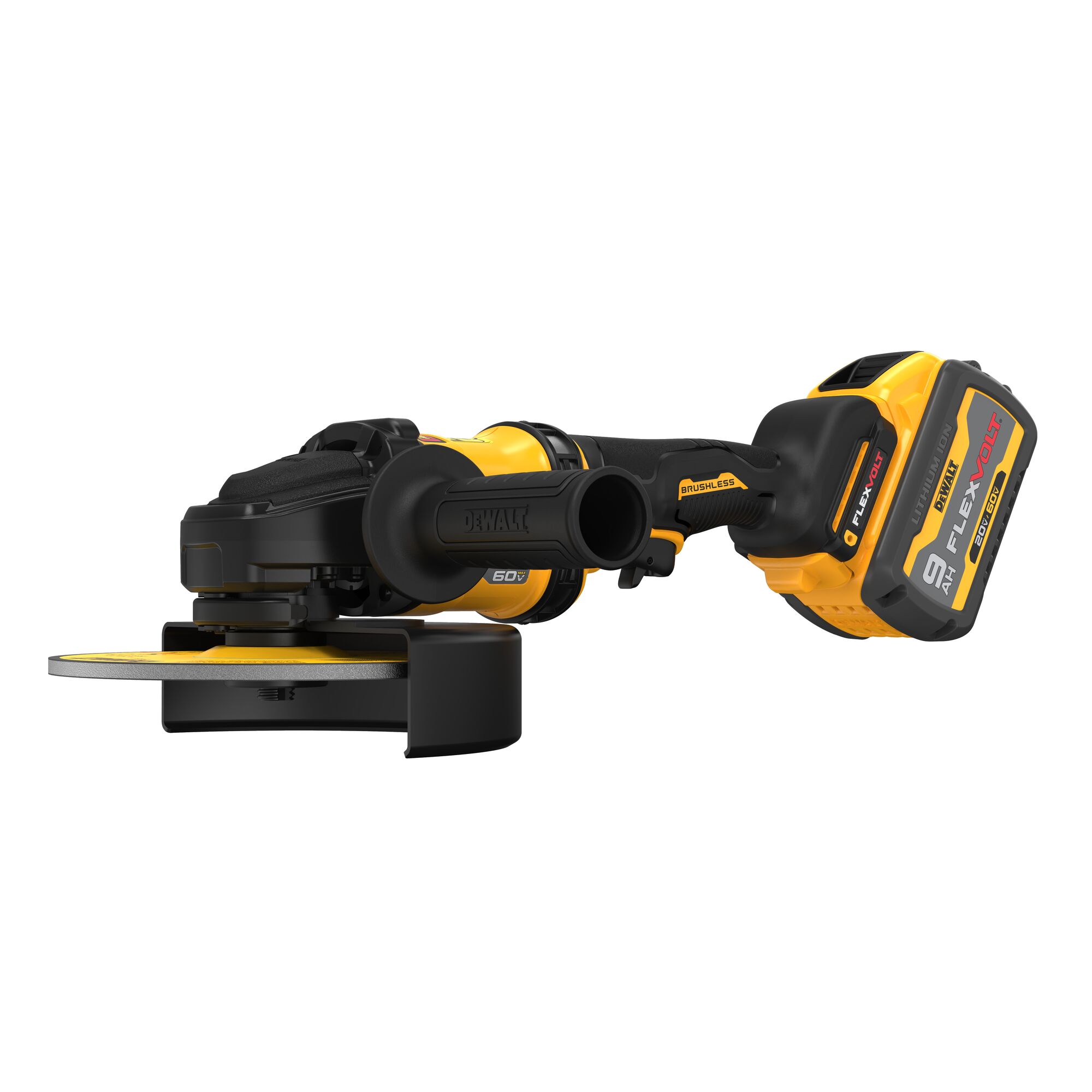 DEWALT DCG440 60V MAX 7 inch cordless grinder front left angle view with 9.0Ah FLEXVOLT battery installed, side handle attached, Type 27 guard and grinding wheel visible on white background