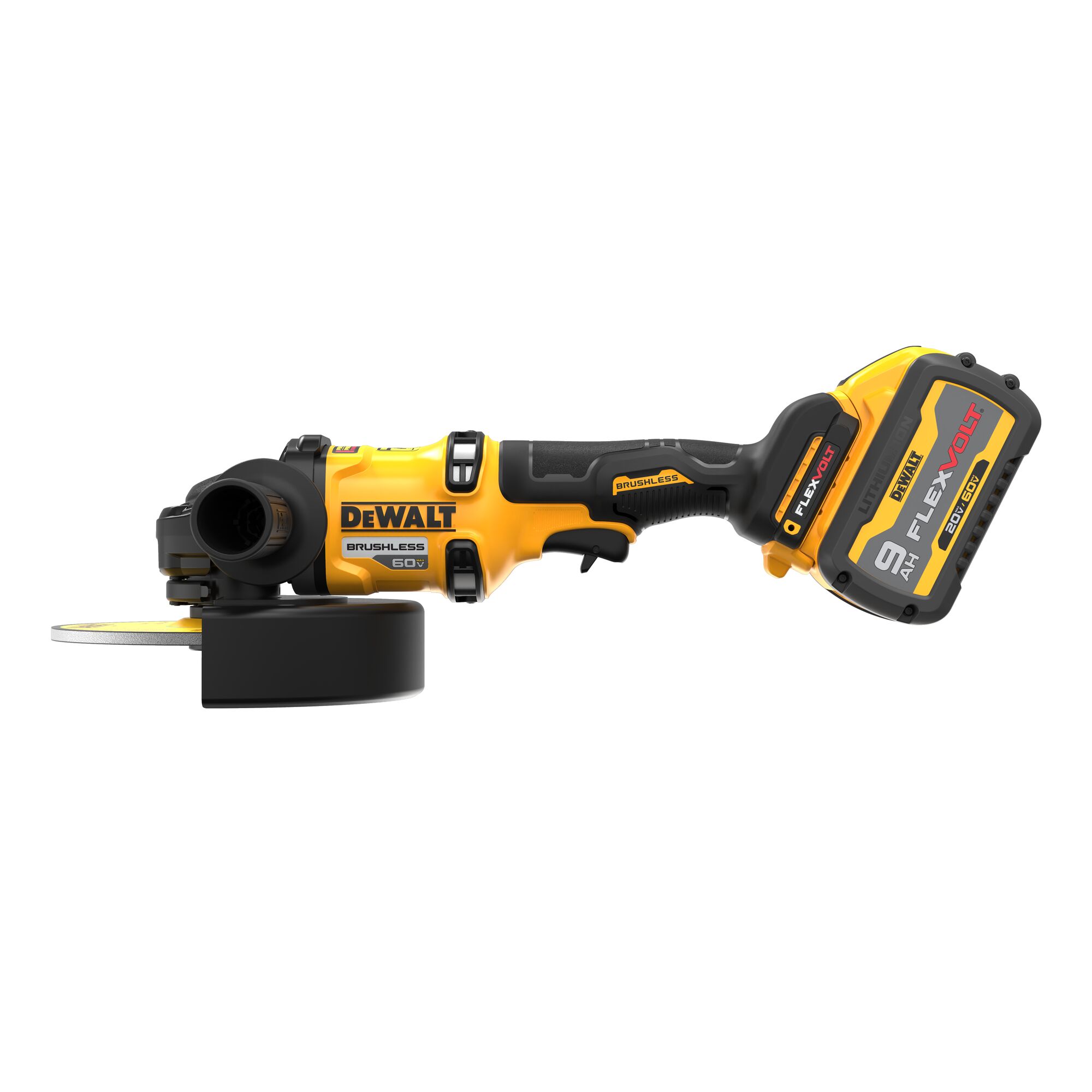 DEWALT DCG440 60V MAX 7 inch cordless grinder left side profile with 9.0Ah FLEXVOLT battery installed, side handle attached, Type 27 guard and grinding wheel visible on white background