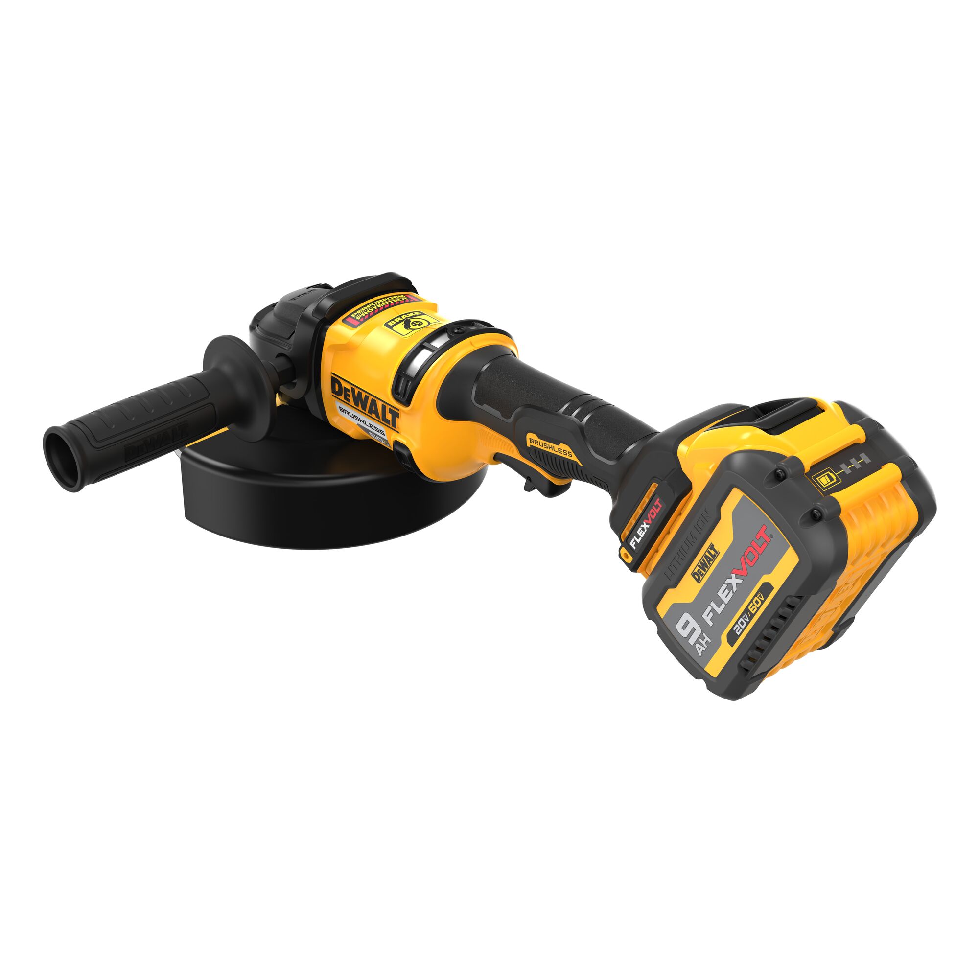 DEWALT DCG440 60V MAX 7 inch cordless grinder rear left top angle view with 9.0Ah FLEXVOLT battery installed, side handle attached, Type 27 guard visible on white background