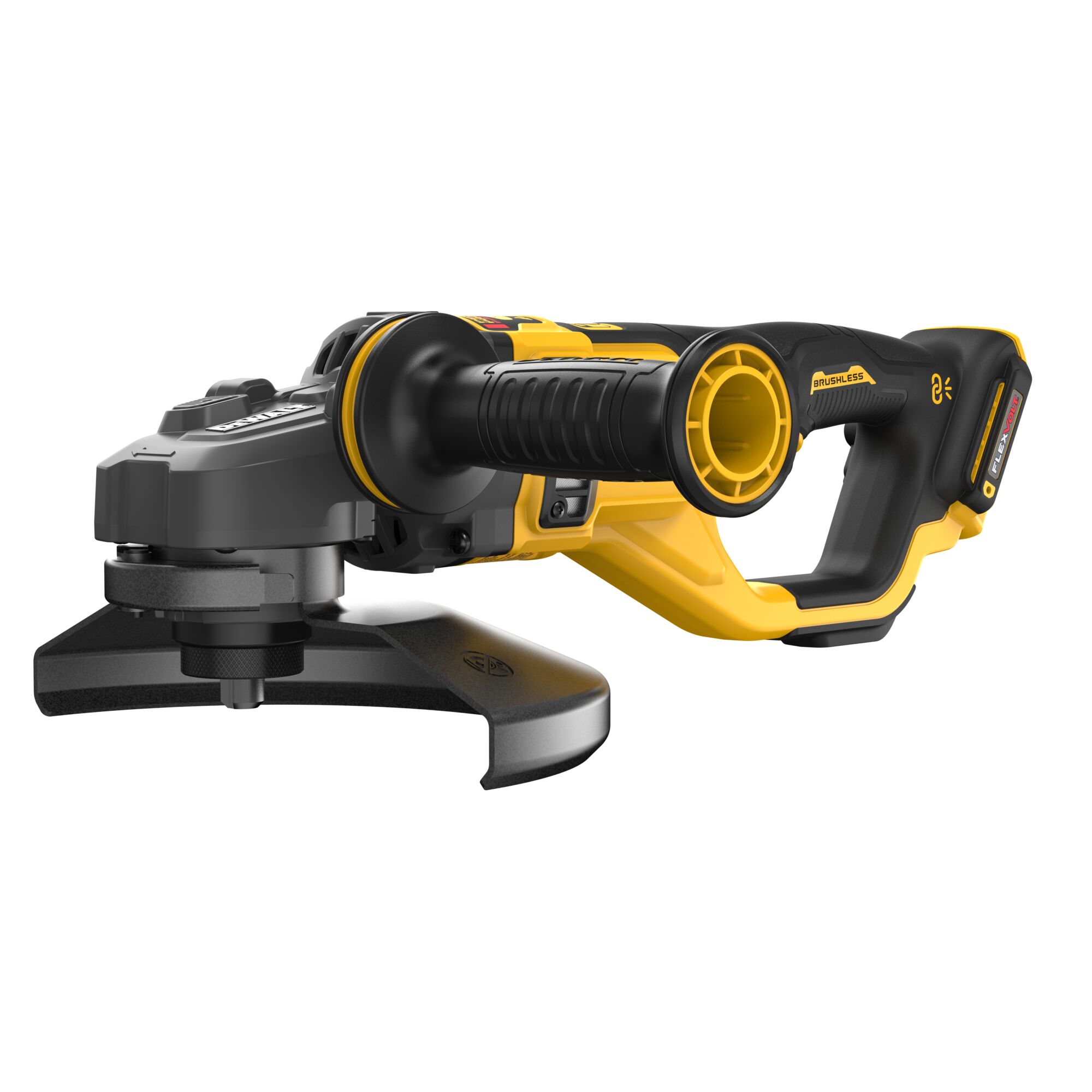 DEWALT 60V MAX 7–9 inch cordless large angle grinder with side handle and Type 27 guard, shown in right-side profile without battery attached.