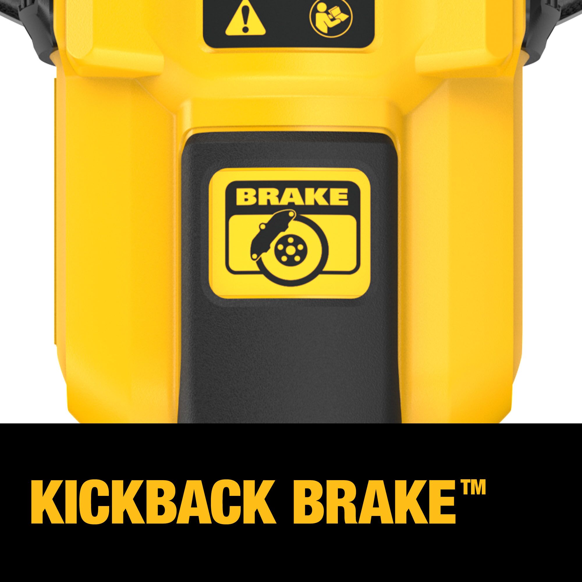Close-up of DEWALT 60V MAX FLEXVOLT angle grinder body showing the Kickback Brake icon and on-image text reading “KICKBACK BRAKE™,” highlighting the integrated safety braking feature on the tool housing.