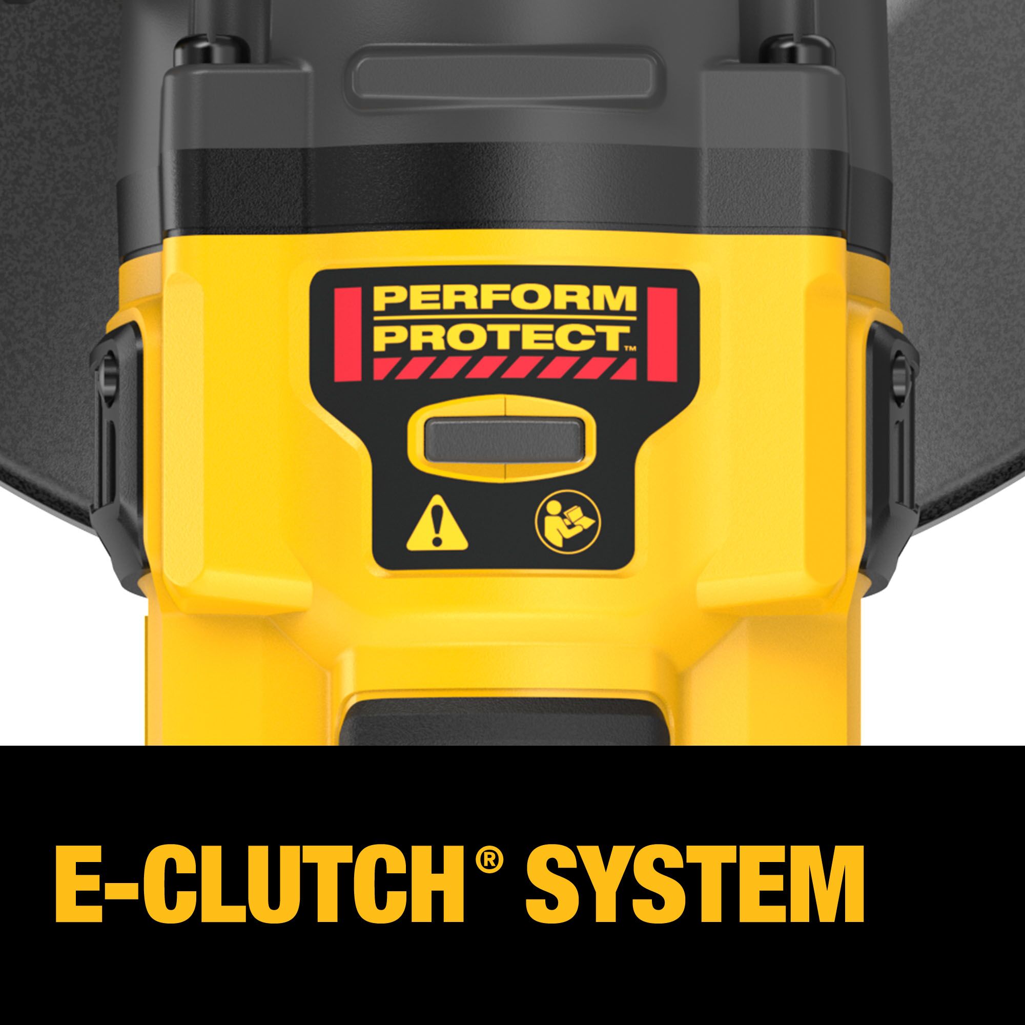 Close-up of DEWALT 60V MAX FLEXVOLT angle grinder housing showing the Perform & Protect label, warning icons, and on-image text reading “E-CLUTCH® SYSTEM,” highlighting the electronic clutch safety feature integrated into the tool body.