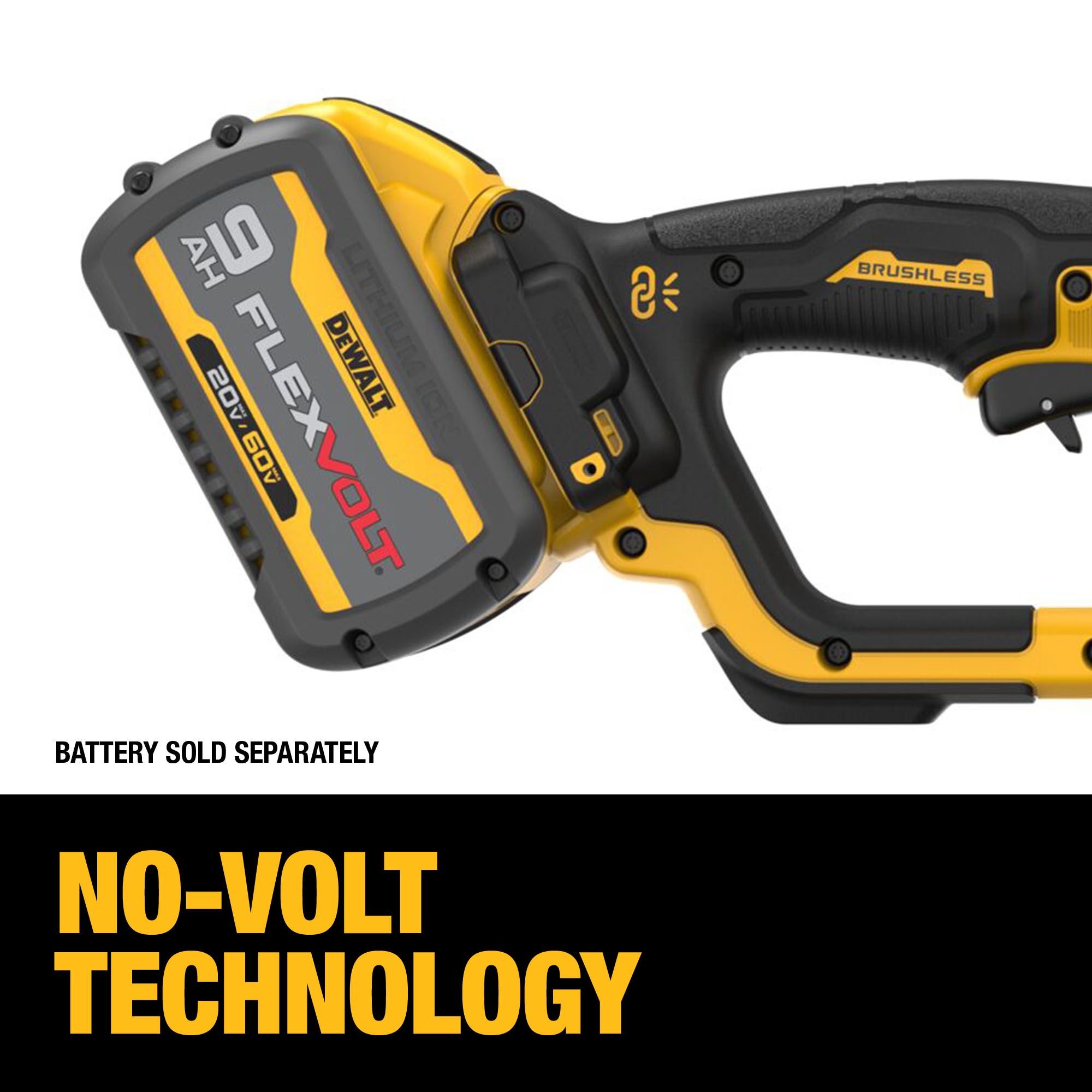 Close-up of DEWALT 60V MAX FLEXVOLT battery mounted on a brushless large angle grinder handle, with on-image text highlighting No-Volt Technology and noting battery sold separately.