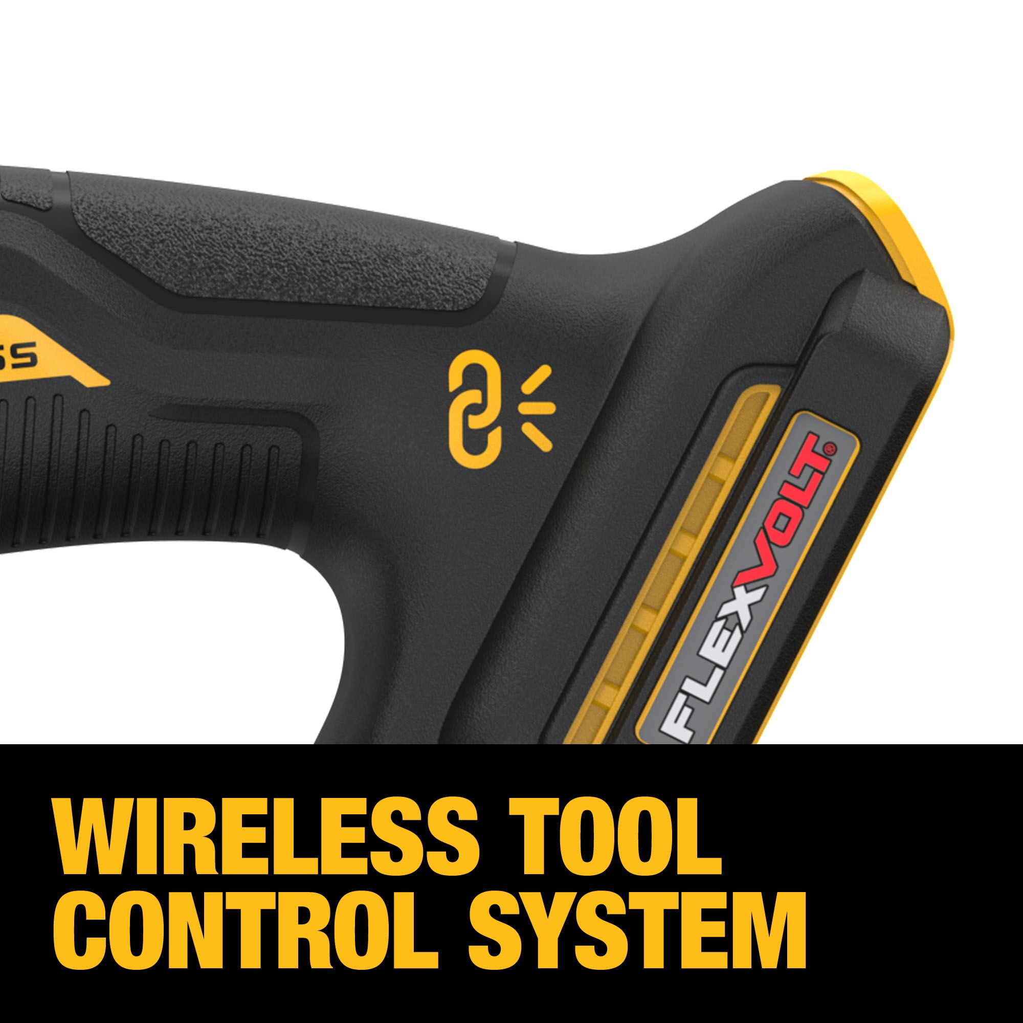 Close-up of DEWALT 60V MAX FLEXVOLT angle grinder handle showing the wireless connectivity icon and FLEXVOLT battery interface, with on-image text reading “WIRELESS TOOL CONTROL SYSTEM,” highlighting built-in Wireless Tool Control functionality.