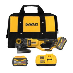 DEWALT 60V MAX FLEXVOLT large angle grinder kit with 7–9 inch grinder, two 9Ah FLEXVOLT batteries, fast charger, and black and yellow DEWALT soft tool bag on a white background.