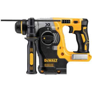 DEWALT 20V MAX XR cordless SDS Plus rotary hammer shown in left-side profile with side handle installed, mode selector dial visible, depth rod mounted, and metal belt hook attached at the rear.
