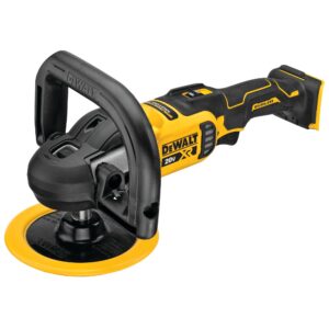 DEWALT 20V XR cordless rotary polisher with bail handle installed and 7-inch backing plate, battery not attached, isolated on light background