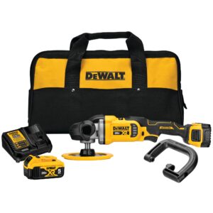 DEWALT DCM849P2 rotary polisher kit showing 7 inch cordless rotary polisher, two 20V XR 5Ah batteries, charger, bail handle, side handle, and DEWALT kit bag on white background