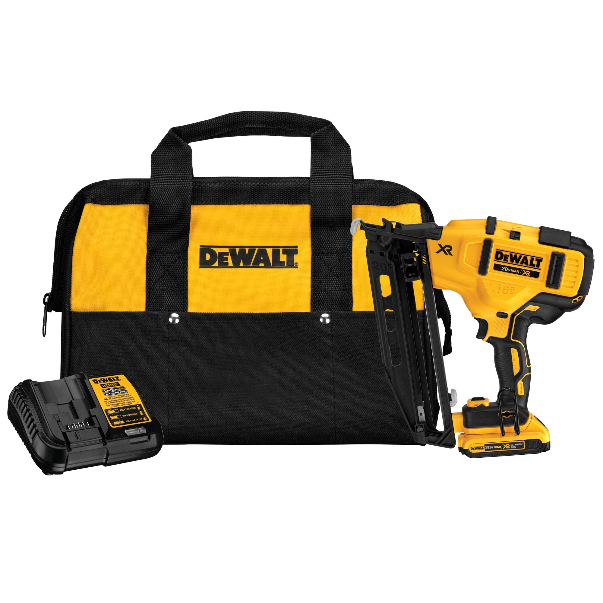 DEWALT 20V MAX XR 16 gauge angled finish nailer kit showing angled nailer with battery installed, charger, and DEWALT yellow and black tool bag arranged on white background