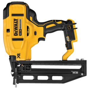 DEWALT 20V MAX XR brushless 16 gauge cordless straight finish nailer side profile showing tool body, magazine, belt hook, LED light, and battery slot without battery installed