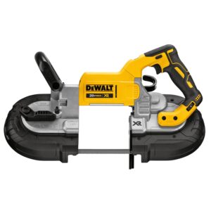 DEWALT 20V MAX XR brushless deep cut bandsaw shown in side profile with integrated hang hook, variable speed trigger handle, protective blade housings, and exposed 44-7/8 inch bandsaw blade on a white background.