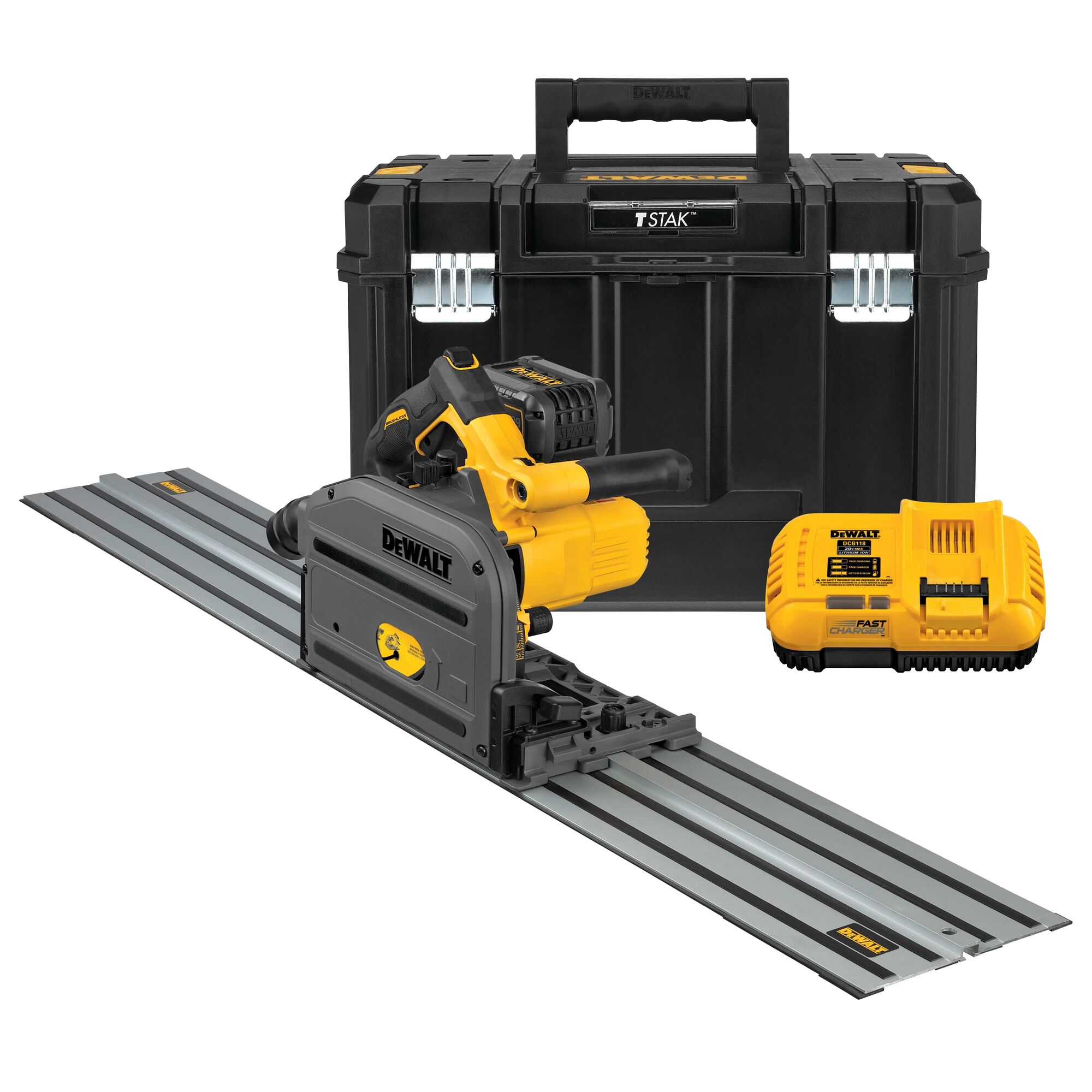 DEWALT 60V MAX 6-1/2 in. TrackSaw mounted on dual-edge aluminum guide track, shown with FLEXVOLT battery installed, fast charger, and black DEWALT TSTAK carrying case on a white background.