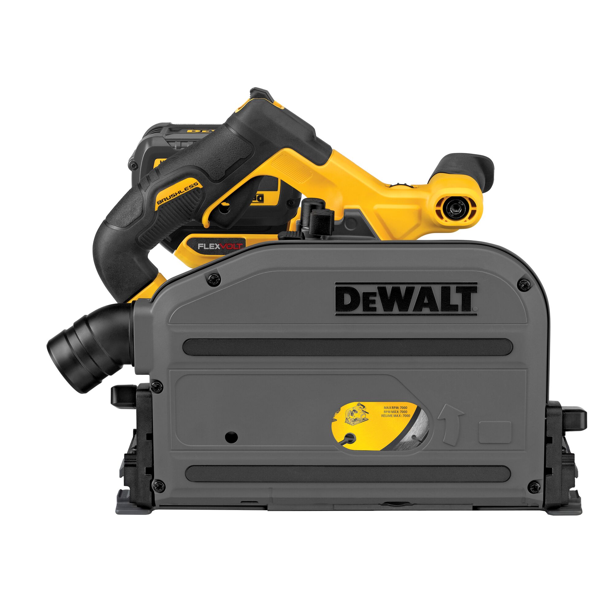 Side view of DEWALT 60V MAX brushless 6-1/2 in. TrackSaw showing enclosed gray blade guard, FLEXVOLT battery mounted at the rear, rear handle grip, and dust extraction port on a white background.