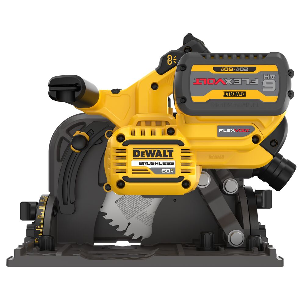 Left side view of DEWALT 60V MAX brushless 6-1/2 in. TrackSaw showing exposed blade, FLEXVOLT battery mounted on top, brushless motor housing, depth adjustment scale at the front, and rear dust extraction port on a white background.