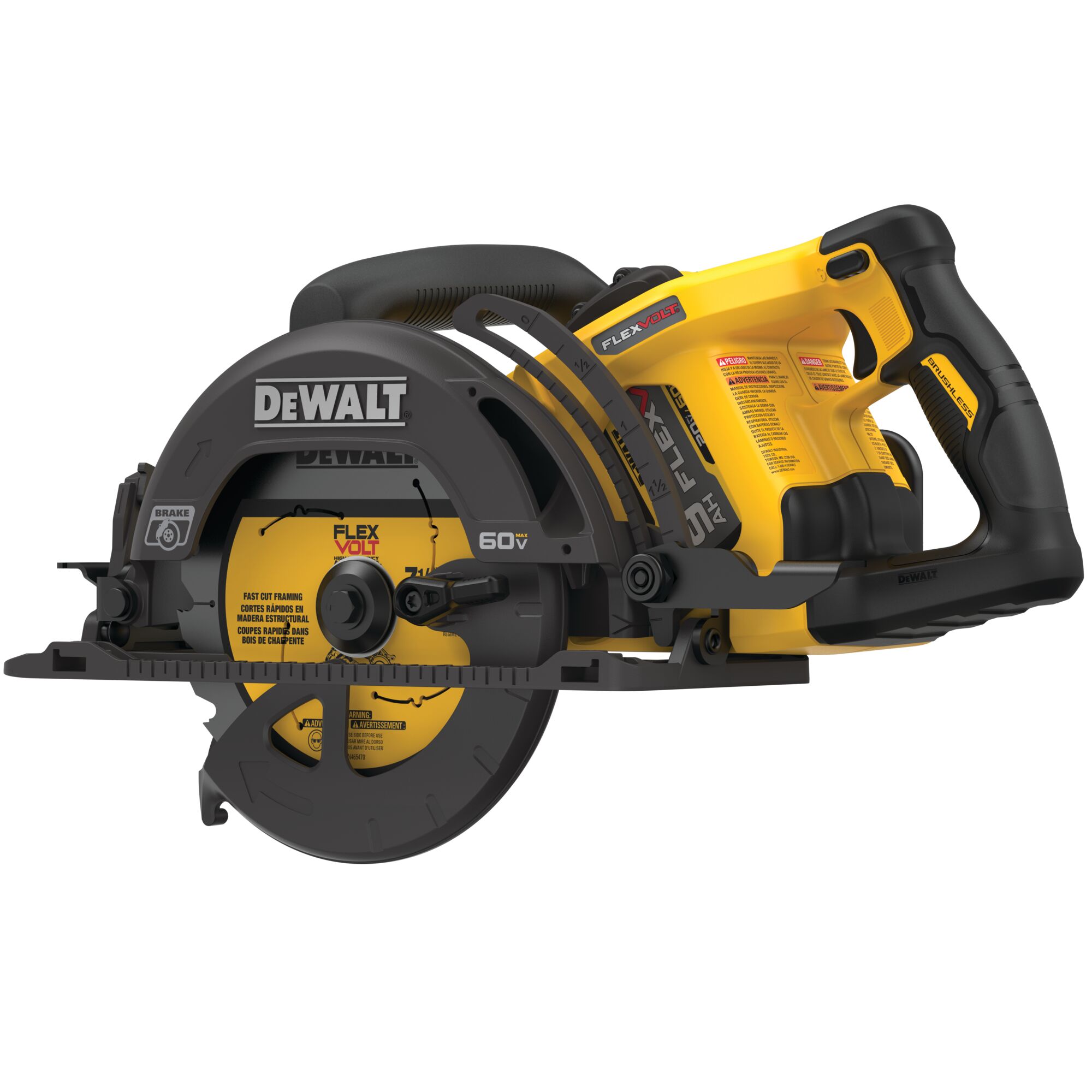 DEWALT FLEXVOLT 60V MAX rear handle worm drive style circular saw left rear angle showing motor housing, FLEXVOLT branding, bevel adjustment scale, blade guard and magnesium base plate