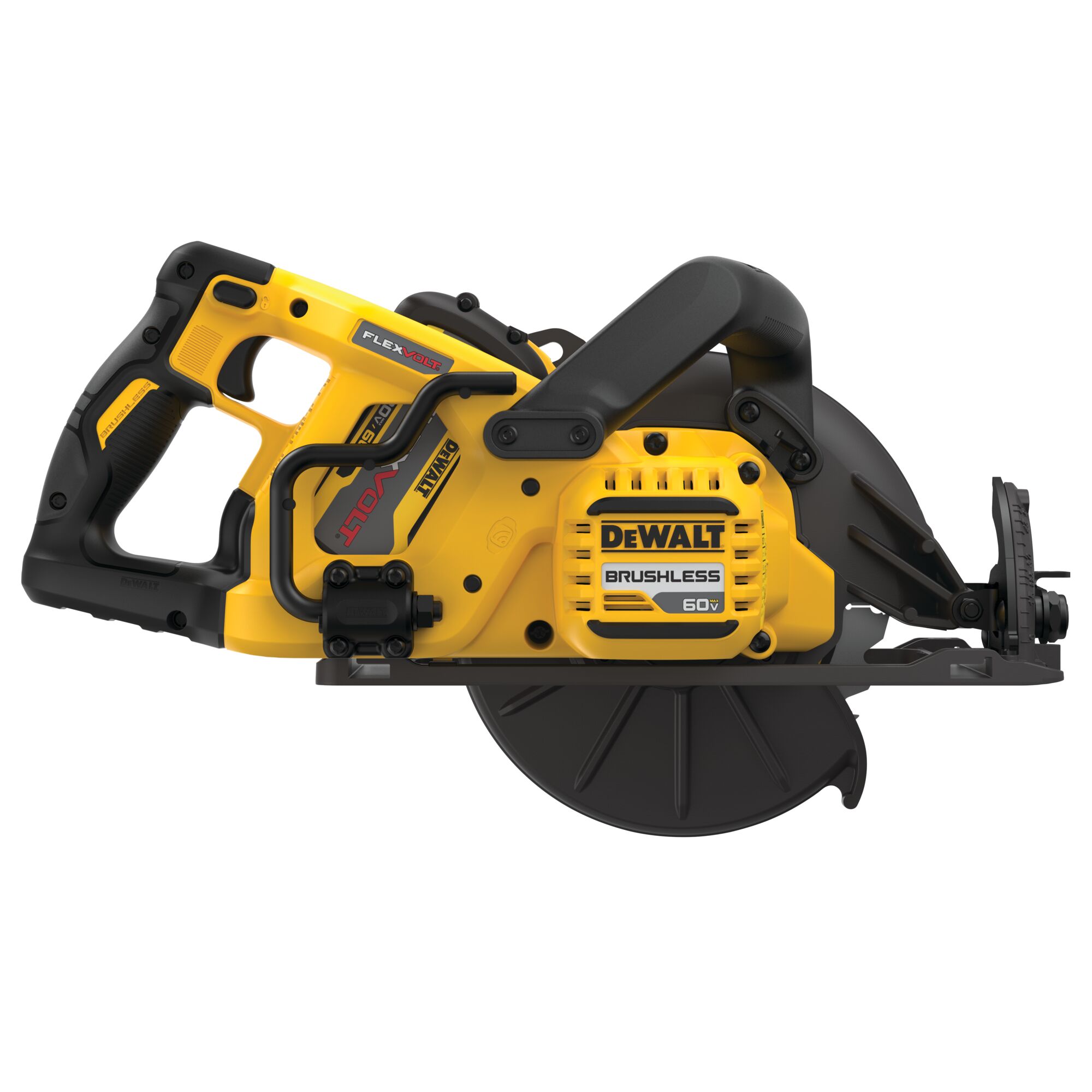 DEWALT FLEXVOLT 60V MAX rear handle worm drive style circular saw right side profile showing brushless motor housing, FLEXVOLT battery slot, rear handle grip, rafter hook and magnesium base plate