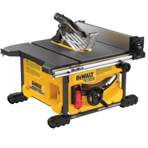 Angled front-left view of the DEWALT FLEXVOLT 60V MAX cordless jobsite table saw showing the flat coated table surface, clear blade guard and riving knife, rack and pinion fence system, bevel adjustment wheel and scale, power switch, and metal roll cage base on a white background.