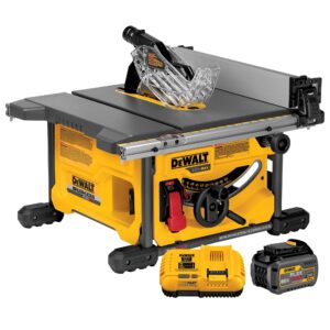 DEWALT DCS7485 FLEXVOLT 60V MAX cordless table saw with rack-and-pinion rip fence, blade guard installed, metal roll cage base, and included FLEXVOLT battery and fast charger shown in front.