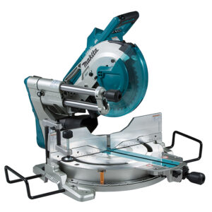Makita DLS111Z 10-inch sliding compound mitre saw shown with dual rail-forward slide system, transparent blade guard, adjustable fence, mitre table with angle markings, and top-mounted handle on a white background.