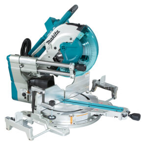 Makita DLS212Z 36V LXT 12-inch sliding compound mitre saw shown from a front-left angled view, featuring rail-forward slide design, large aluminium mitre table, integrated guide fence, and clear blade guard.