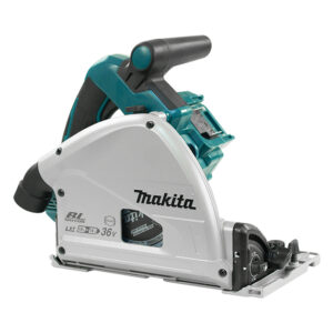 Makita DSP600ZJ 36V (18Vx2) LXT plunge cut circular saw side view on white background showing blade housing, plunge mechanism, rear handle, baseplate, and dust port, no batteries installed
