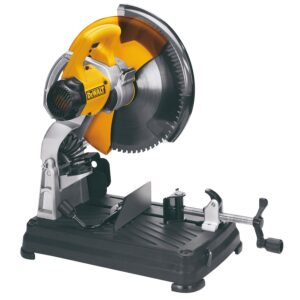 DEWALT DW872 14-inch metal cutting saw with carbide-tipped blade, low-RPM design, heavy cast base, adjustable quick-fence, and integrated vise for cutting steel and metal stock.