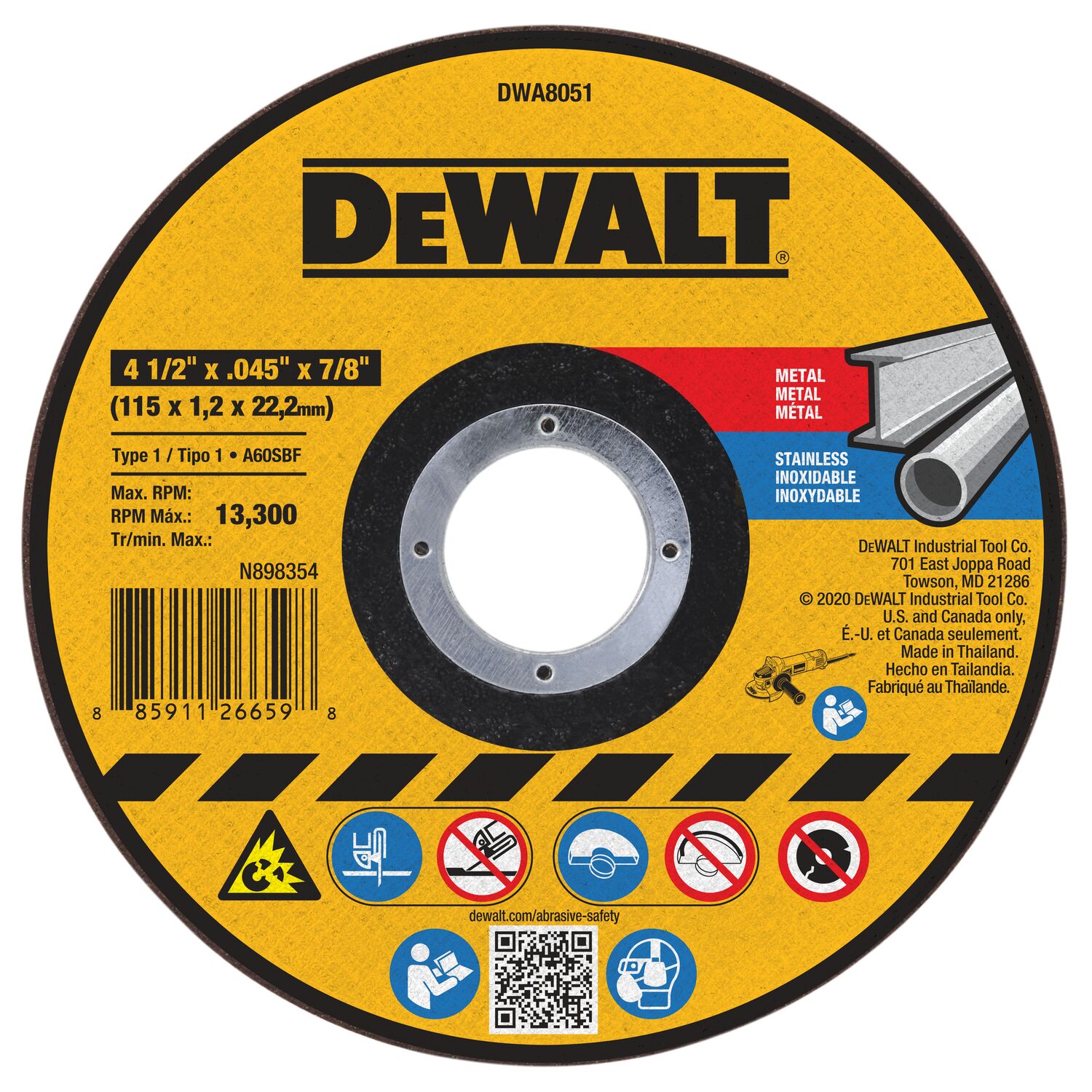 DEWALT DWA8051 4-1/2″ General Purpose Metal Cutting Wheel for angle grinders, aluminum oxide abrasive disc designed for cutting steel and stainless steel.