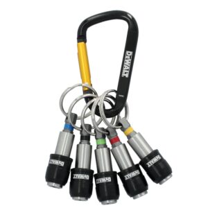 DWAFHLDKC5 DEWALT Keyring Bit Holder Set product image showing five colour-coded locking bit holders attached to a DEWALT carabiner for convenient bit organization and storage.