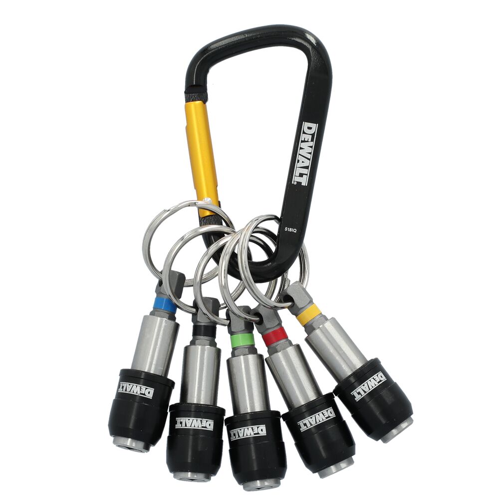 DWAFHLDKC5 DEWALT Keyring Bit Holder Set product image showing five colour-coded locking bit holders attached to a DEWALT carabiner for convenient bit organization and storage.