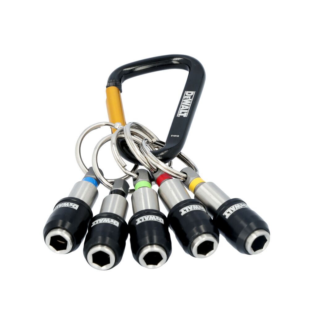 DEWALT Keyring Bit Holder Set showing five colour-coded locking bit holders with 1/4" hex bit retention and quick-change openings attached to a DEWALT carabiner.