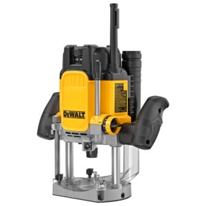 DeWALT DWE625 plunge router front view with dual handles, plunge posts, clear base, and yellow motor housing on white background