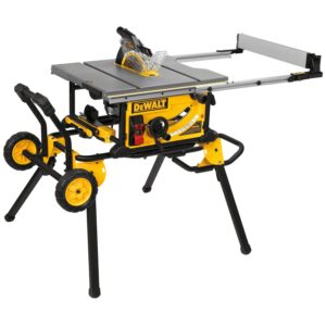 DEWALT DWE7491RS 10-inch jobsite table saw mounted on rolling stand, showing rack and pinion telescoping fence extended, blade guard installed, onboard controls, and large transport wheels for jobsite mobility.