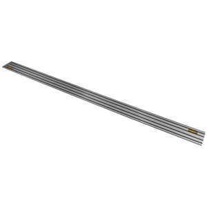 Angled view of a DEWALT 102 in. aluminum TrackSaw guide rail showing dual guide channels and DEWALT logos at both ends on a white background.