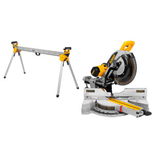 DeWalt DWS780 12-inch double bevel sliding compound mitre saw shown beside DWX723 folding mitre saw stand