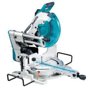Makita LS1219L 12-inch sliding compound mitre saw with laser guide, rail-forward slide system, teal blade guard, dual rails, and large mitre table shown in raised blade position on a white background.