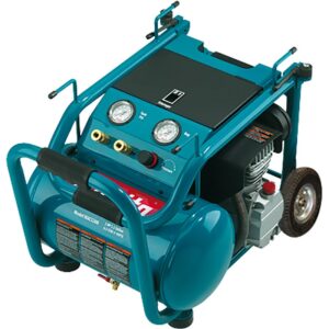 Makita MAC5200 3 HP air compressor front left angle showing twin pressure gauges, regulator knob, dual quick-connect couplers, teal roll cage frame, 5.2 gallon tank, motor and wheels on white background