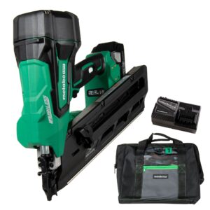 metabo hpt cordless paper strip framing nailer kit with battery, charger, and contractor bag on white background