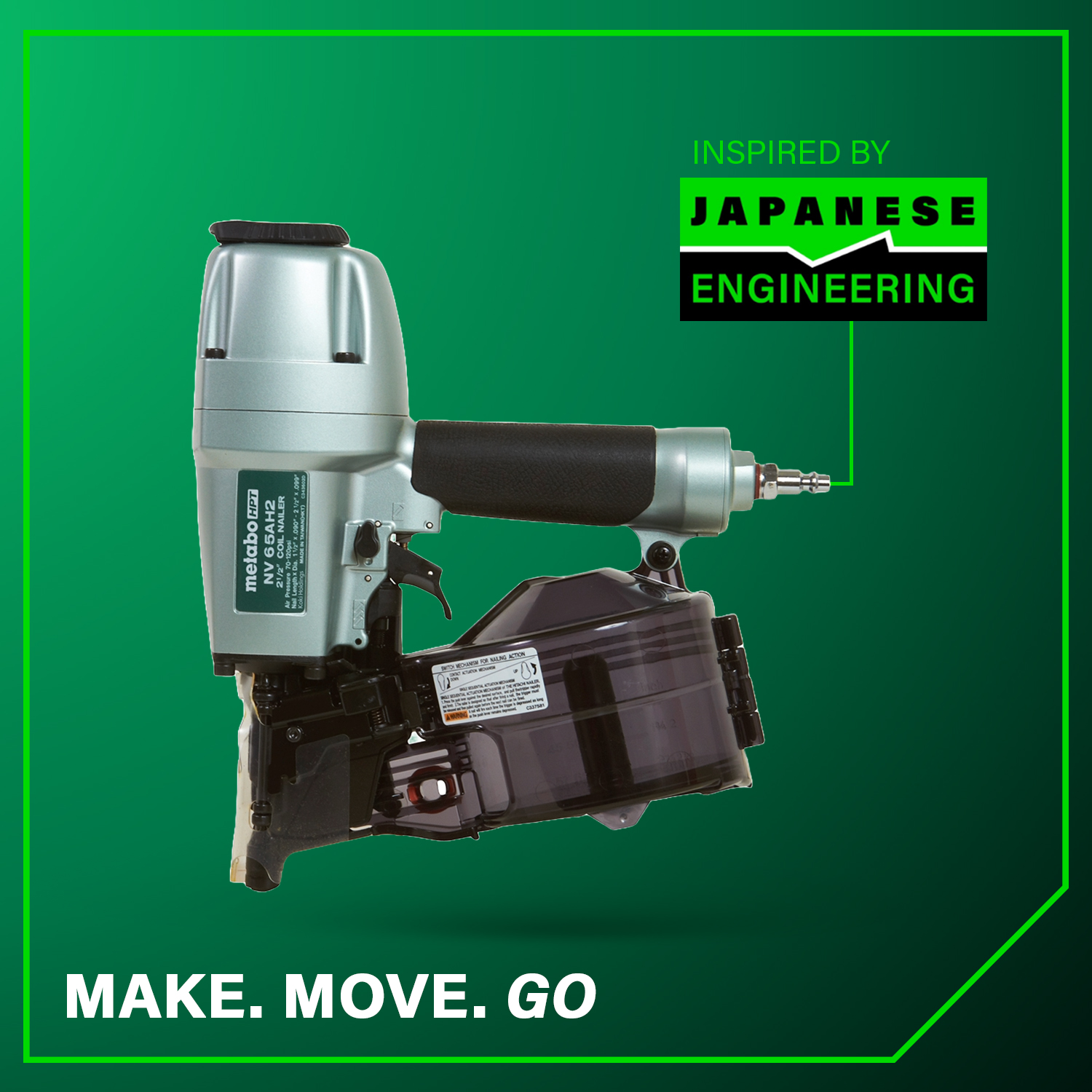 Metabo HPT siding coil nailer promotional graphic showing nailer on green background with Inspired by Japanese Engineering badge and Make Move Go text