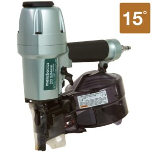 Metabo HPT NV65AH2M siding coil nailer angled left showing green body, black grip handle, translucent coil magazine, air fitting, and 15 degree indicator on white background