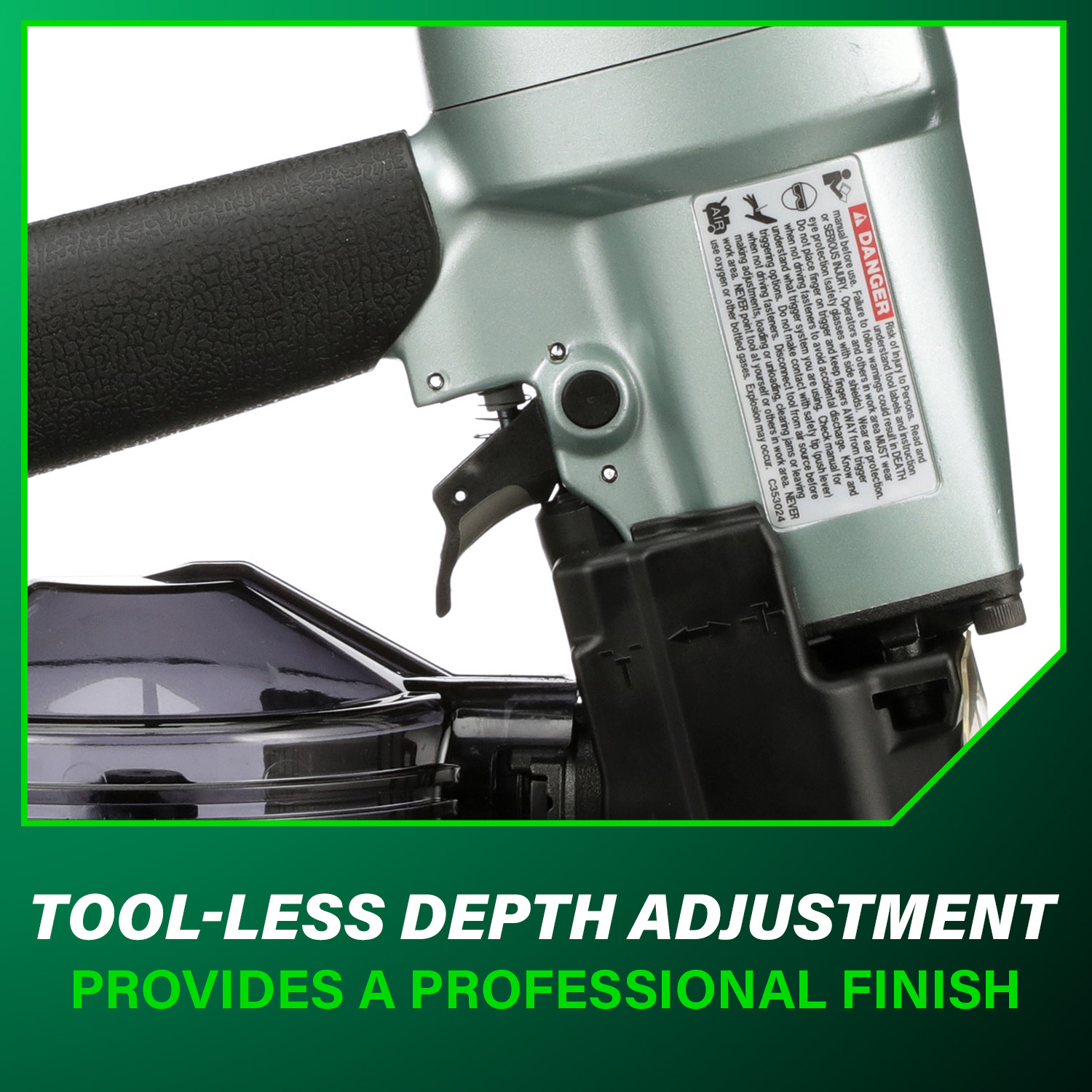 Close-up of Metabo HPT siding coil nailer handle and trigger area showing depth adjustment mechanism, rubber grip, translucent coil magazine, and warning label with overlay text tool-less depth adjustment provides a professional finish