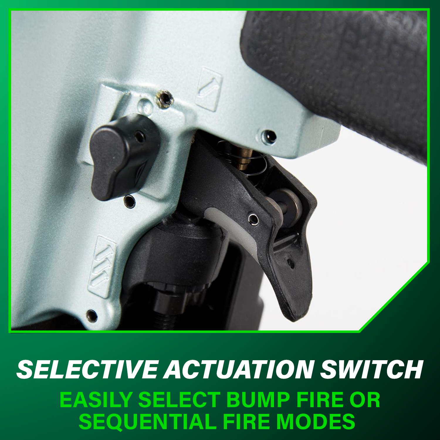Close-up of Metabo HPT siding coil nailer trigger and selective actuation switch showing mode selector lever, trigger mechanism, and body casting details with overlay text selective actuation switch easily select bump fire or sequential fire modes