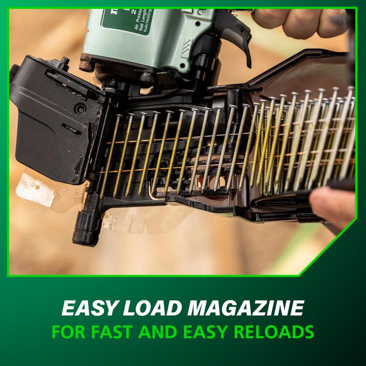 Close-up of Metabo HPT siding coil nailer open magazine showing collated siding nails being loaded, hinge mechanism, and latch with overlay text easy load magazine for fast and easy reloads