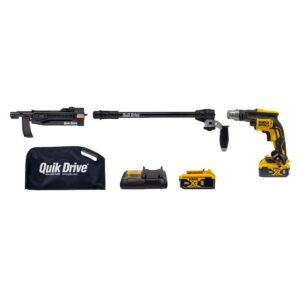 Quik Drive auto-feed screw driving system components laid out on a white background, including the PRO200SG2 attachment, long extension with side handle, DEWALT 20V cordless driver, two 5.0Ah batteries, battery charger, and black Quik Drive tool bag.
