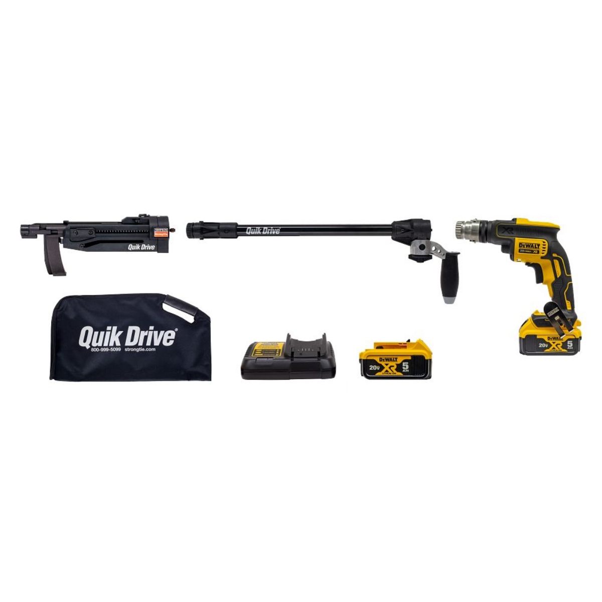 Quik Drive auto-feed screw driving system components laid out on a white background, including the PRO200SG2 attachment, long extension with side handle, DEWALT 20V cordless driver, two 5.0Ah batteries, battery charger, and black Quik Drive tool bag.