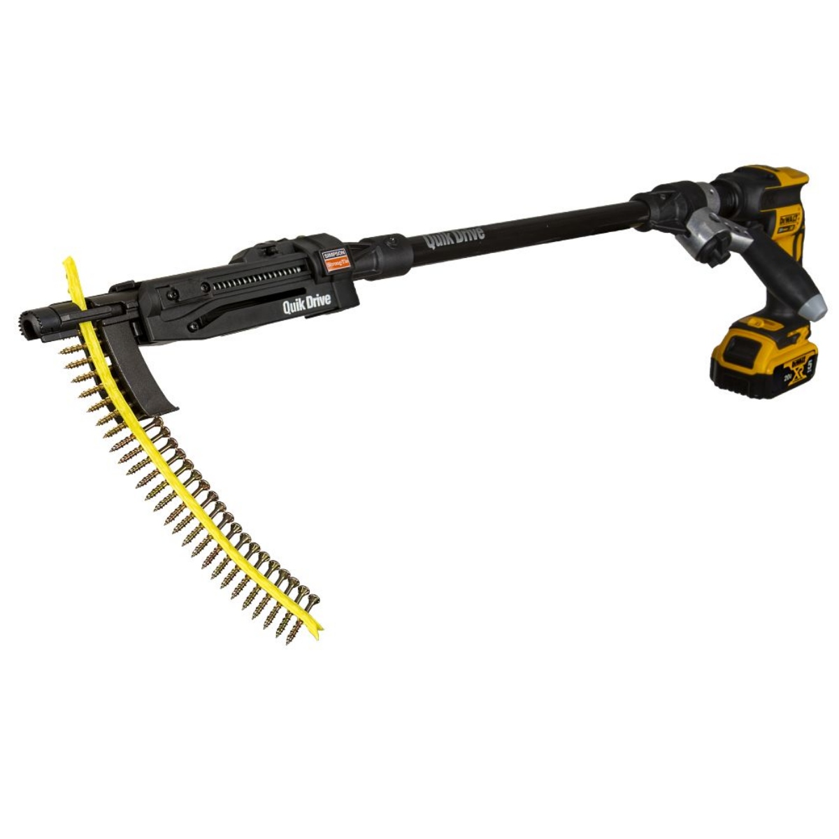 Quik Drive PRO200SG2 auto-feed screw driving system with long extension attached to a DEWALT 20V cordless driver, feeding collated screws from a yellow strip, shown on a white background.