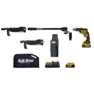 Quik Drive cordless PROCCS+ multi-purpose combo system showing PRO300SG2 decking attachment, PRO200SG2 multi-purpose attachment, lightweight extension, DEWALT 20V MAX XR cordless driver, battery, charger, tool bag, and screw quiver arranged on a white background.
