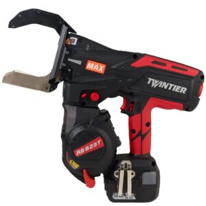 MAX RB823T TwinTier cordless rebar tying tool side view showing large tying jaw, black and red housing, wire spool compartment labeled RB823T, 14.4V battery installed, MAX and TWINTIER branding visible